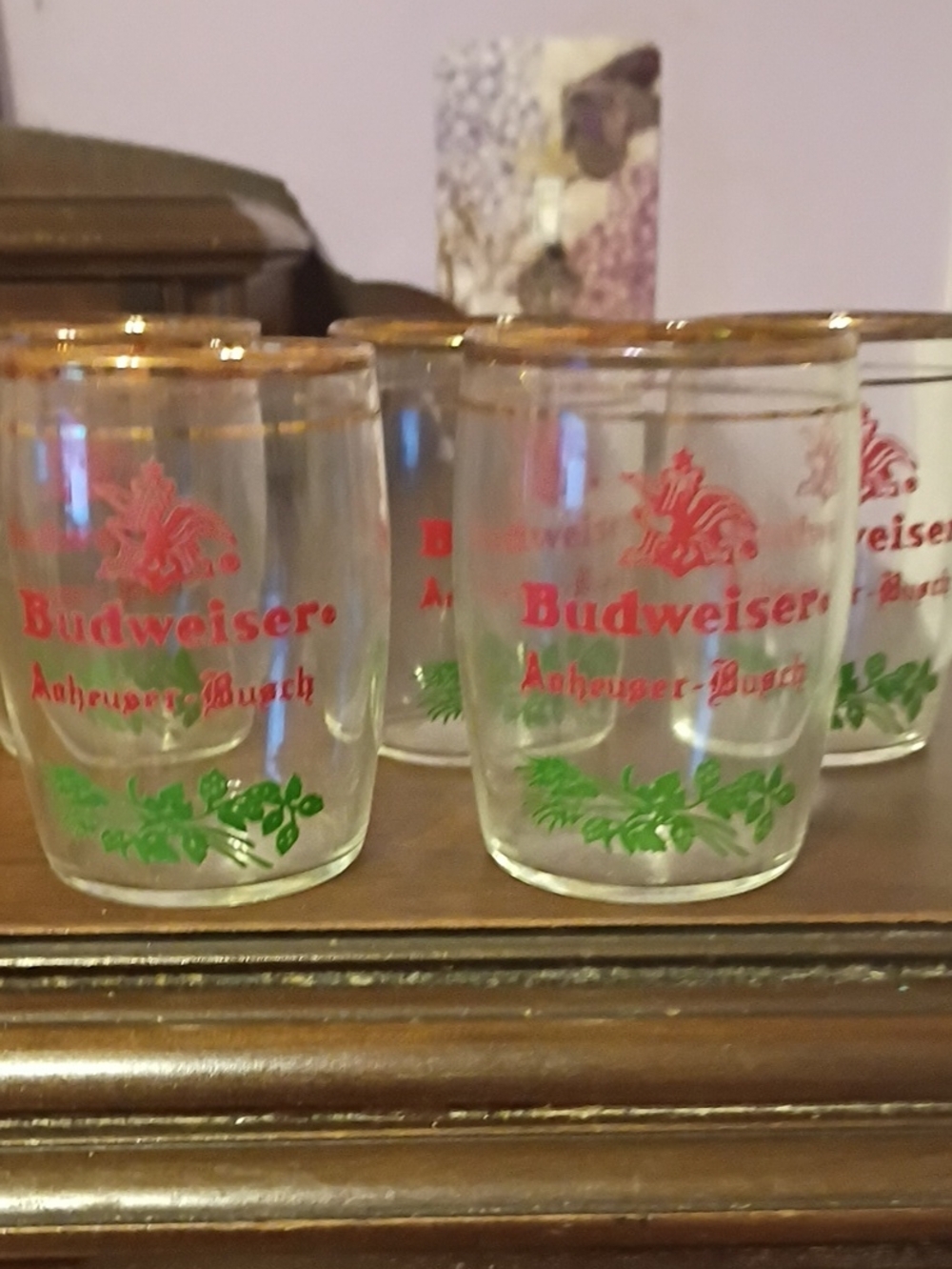 Budweiser Clear Shot Glasses with Red Logo & Green Accents